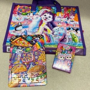 Lisa Frank puppy trifold portfolio, binder with puzzle and crayons
